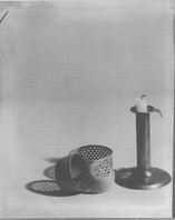 SA0668 - Photos of three Shaker baskets and a candleholder.